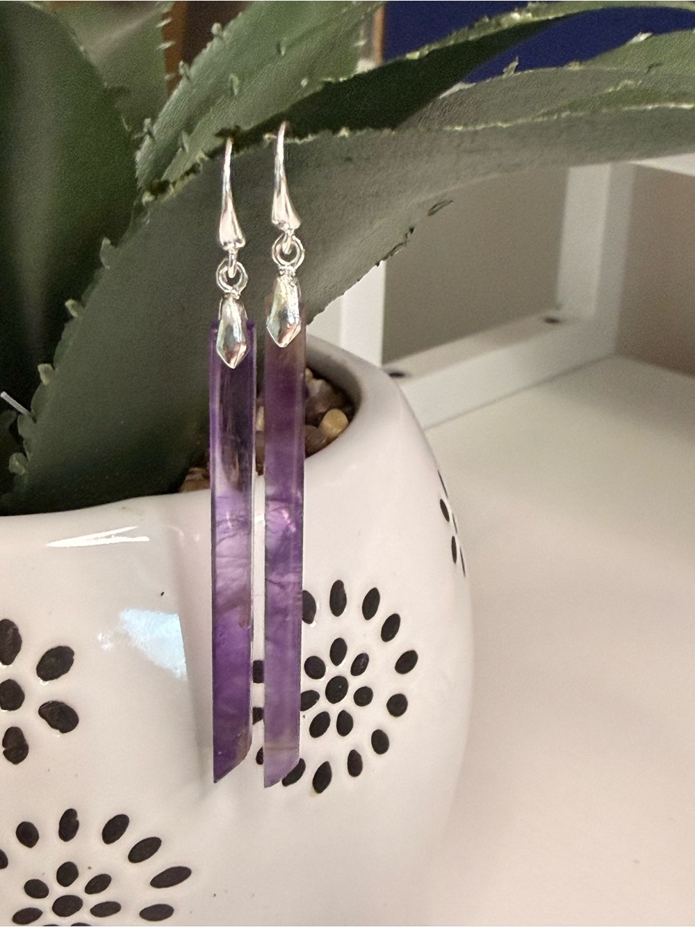 Hand Crafted Amethyst Crystal Long 925 Sterling Silver Bar Drop Earrings